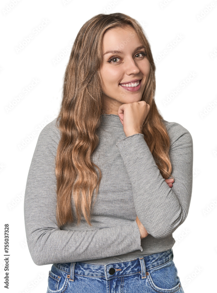 Studio portrait of a blonde Caucasian woman smiling happy and confident, touching chin with hand. Studio portrait of a blonde Caucasian woman smiling happy and confident, touching chin with hand.