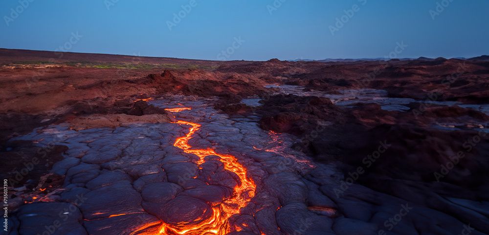 Fototapeta premium Step into a cataclysmic world of molten rock and fiery skies, as the volcanic landscape showcases nature's devastating beauty. Created with Generative AI technology