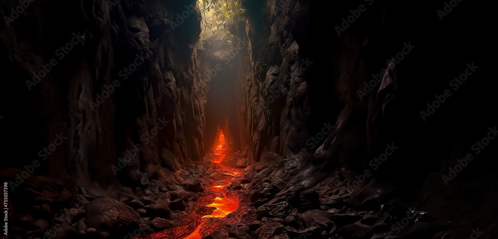 Step into a cataclysmic world of molten rock and fiery skies, as the volcanic landscape showcases nature's devastating beauty. Created with Generative AI technology Step into a cataclysmic world of molten rock and fiery skies, as the volcanic landscape showcases nature's devastating beauty. Created with Generative AI technology