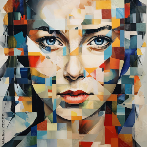 A captivating female face emerges from a complex geometric fragmentation photo