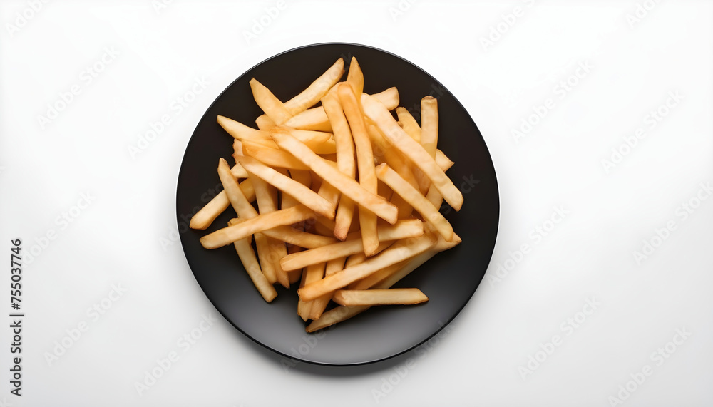 Isolated photo of French fries in a black color plate with clean white background, wide food wallpaper banner Isolated photo of French fries in a black color plate with clean white background, wide food wallpaper banner