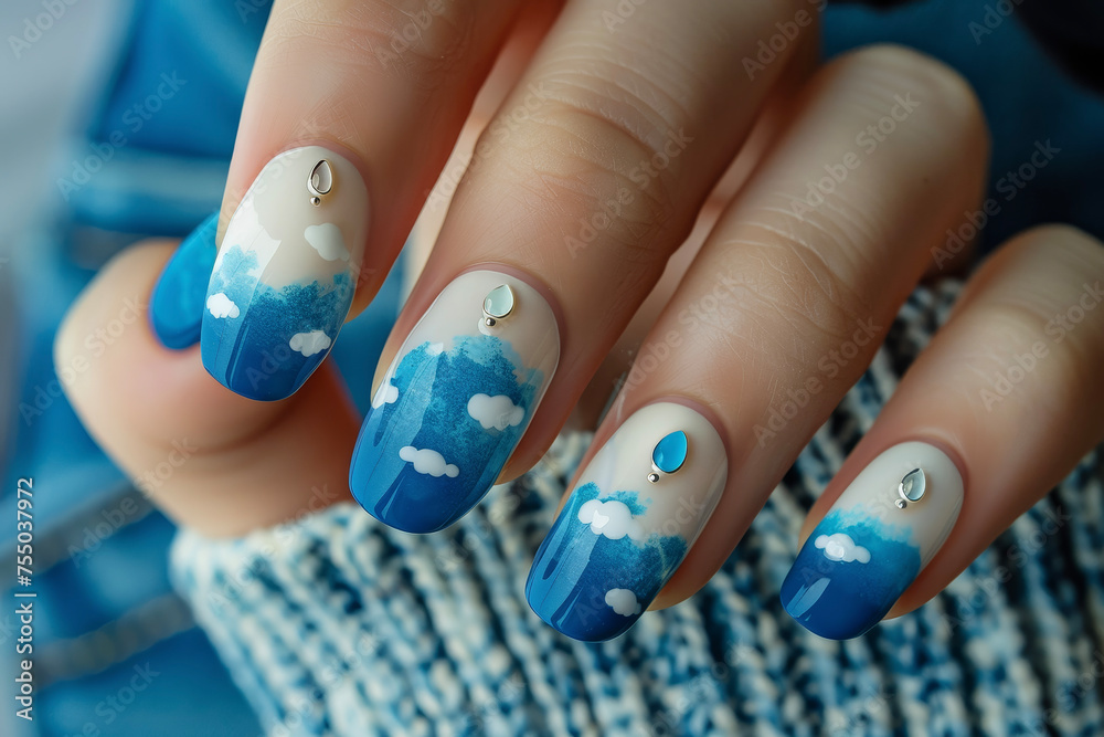 A professional manicure with blue and white cloud nails and a raindrop charm on the pinky A professional manicure with blue and white cloud nails and a raindrop charm on the pinky