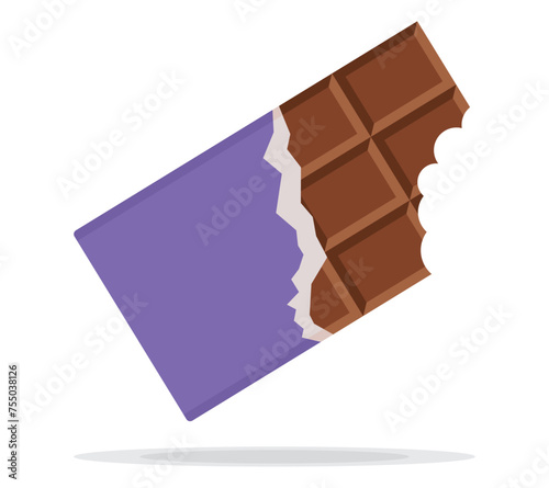 Bitten chocolate bar in violet  opened  wrap and foil isolated on white background, dessert, vector illustration in flat style. Chocolate bar on white background. Milk chocolate bar.