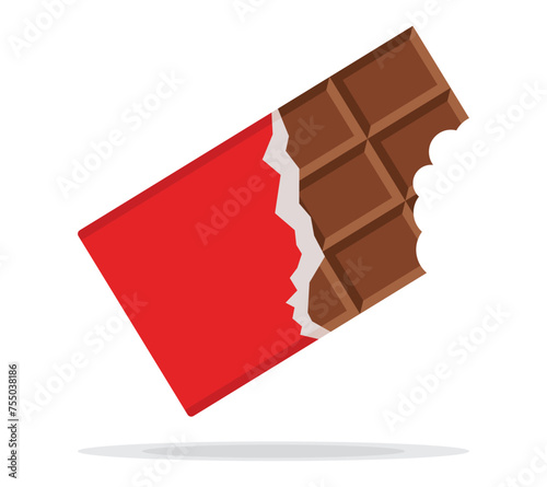 Bitten chocolate bar in opened red wrap and foil isolated on white background, dessert, vector illustration in flat style. Chocolate bar on white background. Milk chocolate bar.