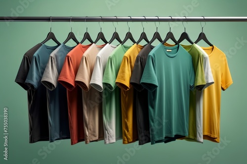 multi-colored t-shirts on hangers in a store. © Peredniankina