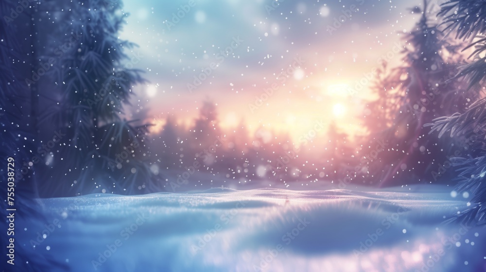 Magical Winter Sunrise Over a Snowy Forest Glade Background