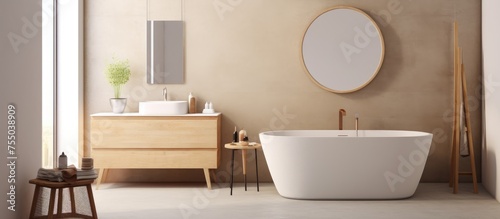 A modern bathroom interior featuring a white bath tub positioned next to a wooden dresser. The beige walls, ceramic basin with oval mirror, and grey concrete floor complement the minimalist design.
