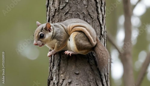 A Flying Squirrel Clinging To The Side Of A Tree