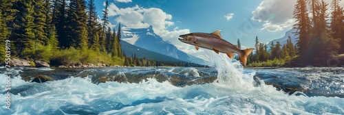 A salmon leaps out of the water, its tail flapping in the air. The scene is set in a river surrounded by trees, creating a peaceful and serene atmosphere.