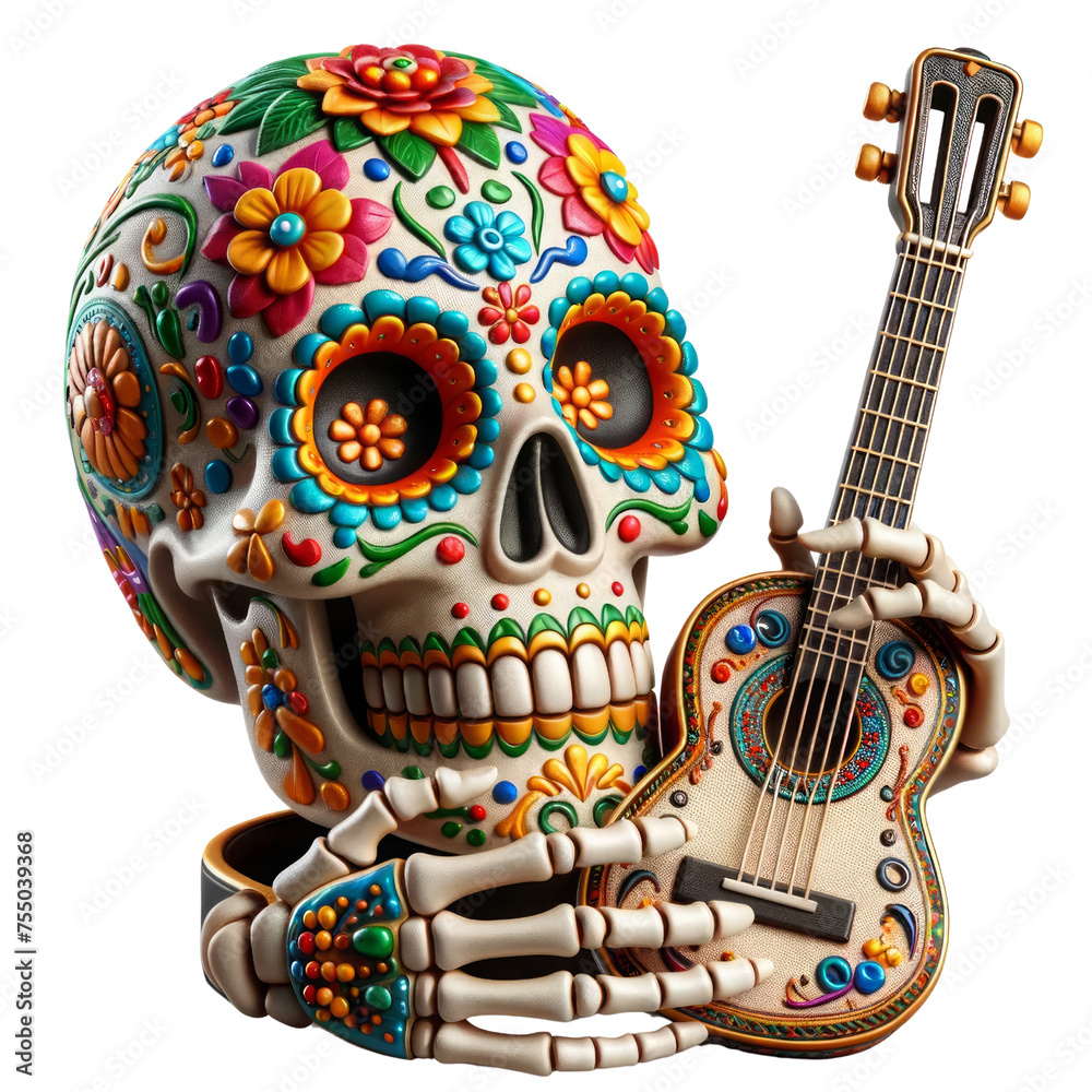 Sugar skull holding a guitar with colorful decorations. The skull is holding the guitar in a way that it looks like it's playing the guitar. The image has a festive and playful mood