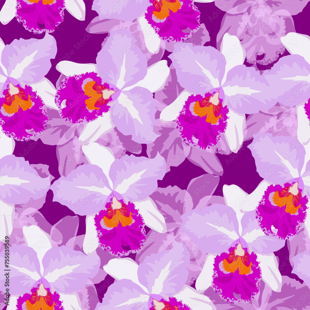 Pattern with big polka dot ornament, cattleya orchids of various size on black background. Simple, conspicuous, fashionable bright illustration. For prints, clothing, surface design.