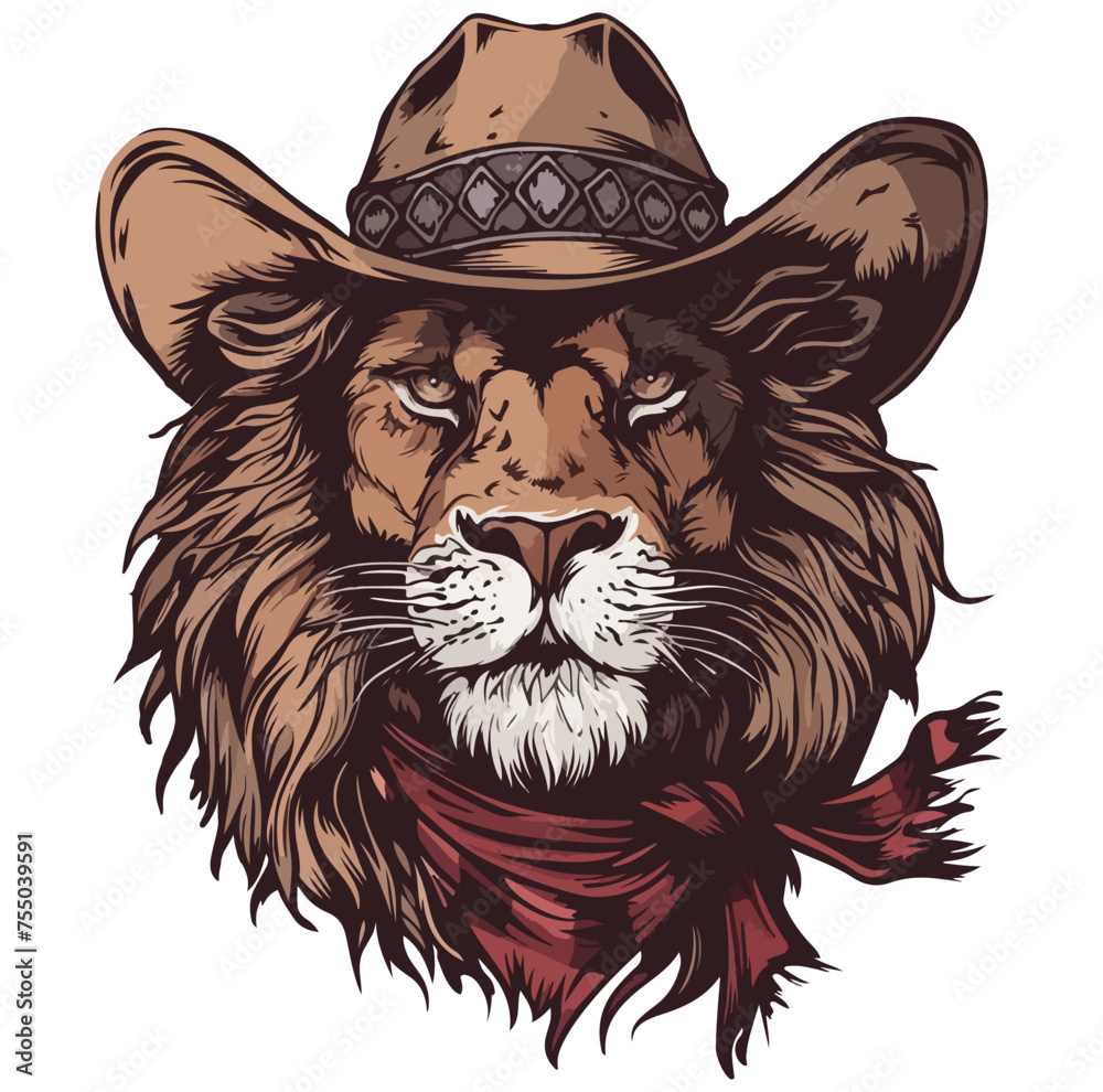 Lion Head wearing wearing cowboy hat and bandana around neck Lion Head wearing wearing cowboy hat and bandana around neck