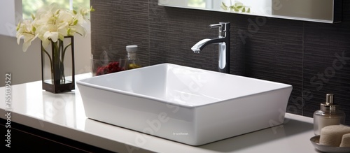 A white square sink is placed atop a bathroom counter, showcasing modern and clean design. The faucet complements the sink, adding functionality to the space.
