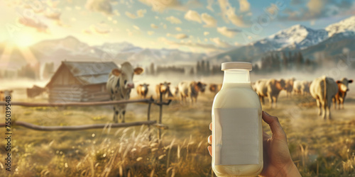 A hand holding a bottle of milk with a herd of cattle and a rustic cabin in the background during sunrise photo
