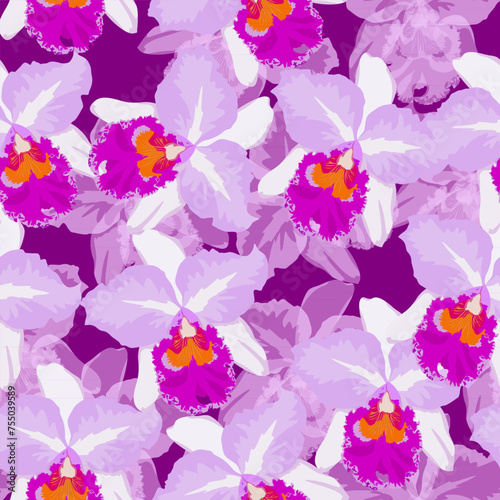 Pattern with big polka dot ornament  cattleya orchids of various size on black background. Simple  conspicuous  fashionable bright illustration. For prints  clothing  surface design.