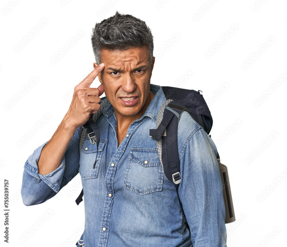 Hispanic hiker with backpack and flask showing a disappointment gesture with forefinger. Hispanic hiker with backpack and flask showing a disappointment gesture with forefinger.