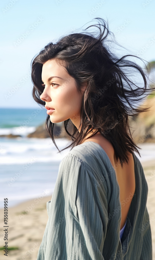 Serene Young Woman Enjoying the Seaside Breeze

