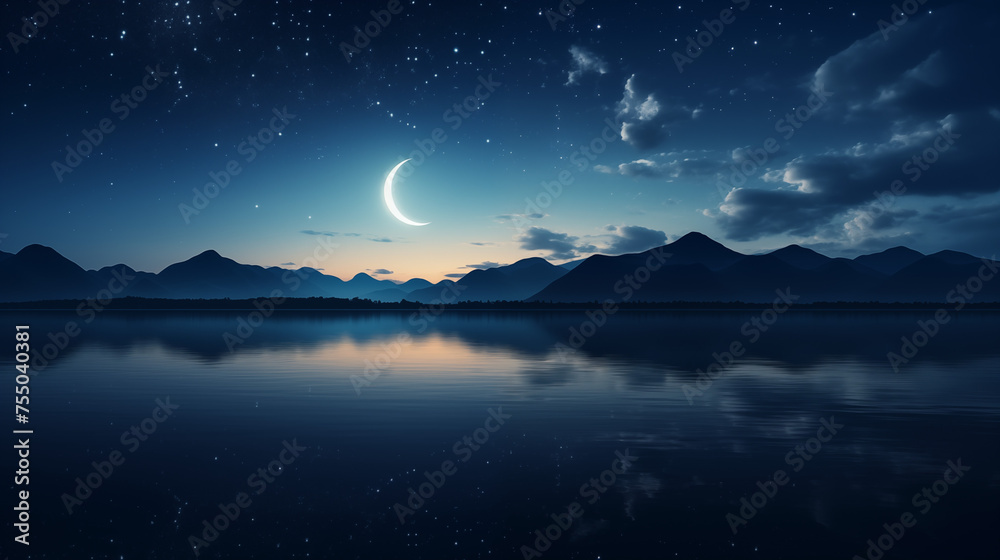 Fototapeta premium a Ramadan sky with stars and a crescent moon above a calm sea. Ramdan Kareem & Eid Mubark. 