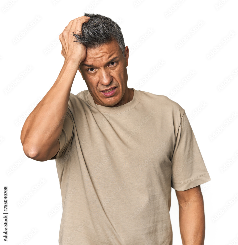 Middle-aged Latino man tired and very sleepy keeping hand on head. Middle-aged Latino man tired and very sleepy keeping hand on head.