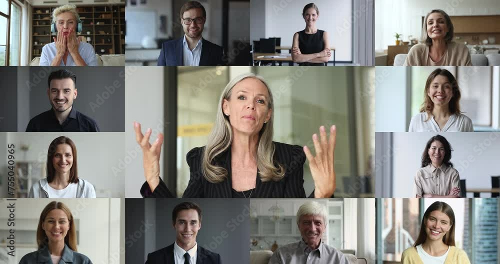 Videocall event of diverse executives, businesspeople, multiple videos collage webcam view. Middle-aged businesslady take part in videoconference to colleagues, share information, engaged in webinar Videocall event of diverse executives, businesspeople, multiple videos collage webcam view. Middle-aged businesslady take part in videoconference to colleagues, share information, engaged in webinar