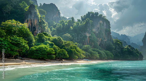 A photo of the Phi Phi Islands, with towering limestone cliffs as the background