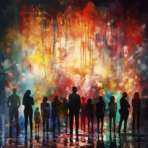 Abstract human figures against a backdrop of dripping colors