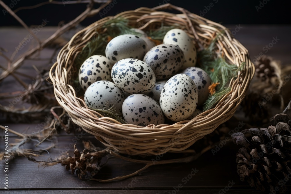 Petite Quail eggs nest. Multicolored small and round objects with spots table. Generate AI Petite Quail eggs nest. Multicolored small and round objects with spots table. Generate AI