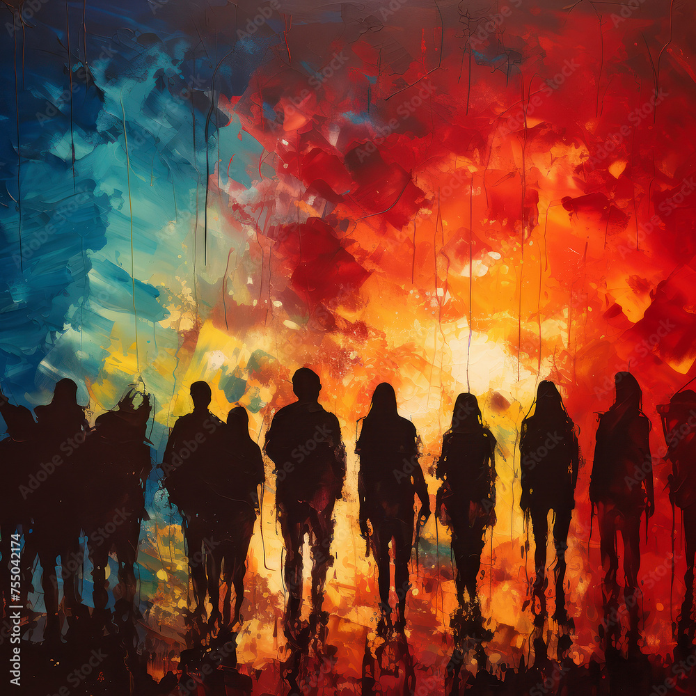 Silhouetted procession on vivid abstract painted background