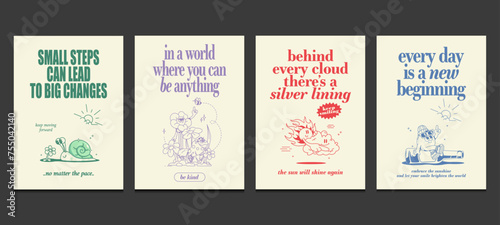 retro posters or graphic t-shirt template with cute cartoon characters, vector illustration 