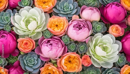 Vibrant fresh peony and rose blossoms paired with succulents. background of flowers