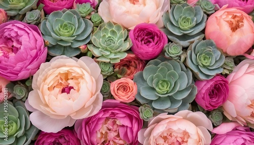 Vibrant fresh peony and rose blossoms paired with succulents. background of flowers