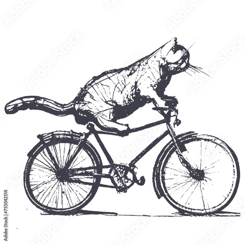 ball point pen sketch of cat. vintage engraving of cat. cat riding bicycle. © Rubab