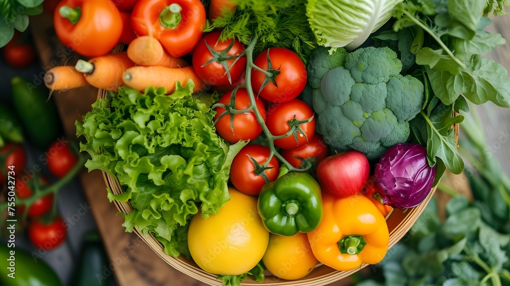 Fresh vegetables in a basket on a wooden background. Top view.