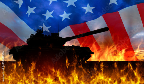 Burning tank with US flag. ...