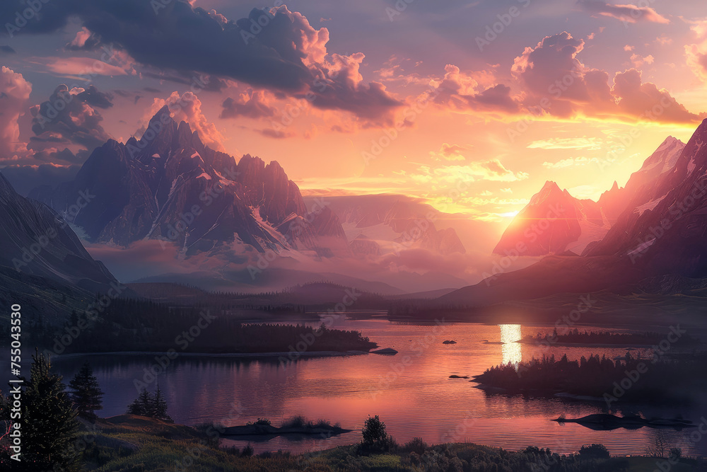 The result of a professional shooting of a landscape with mountains, a lake, and a sunset