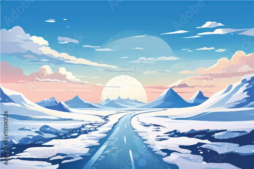 Road through beautiful snowy mountains landscape illustration background. Winter. Road leading to mountains covered with snow. Road. Sunset. Beautiful vector illustration of a winter road. Clouds. 