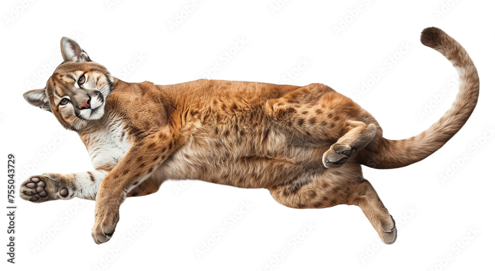 Obraz premium Puma or mountain lion lying on back and showing belly isolated on white or transparent background, png clipart, design element. Easy to place on any other background.