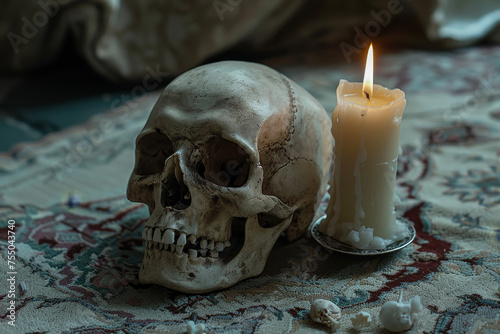 The result of a professional shooting of a skull with a bone and creepy look and a candle on it