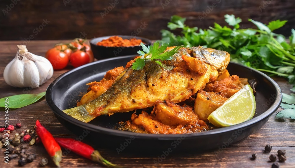 Masala Cooked Fish in a Plate on a Dark wooden background Masala Cooked Fish in a Plate on a Dark wooden background