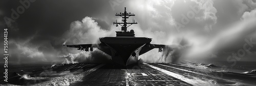 Fighter jet on the runway of an aircraft carrier in the open ocean  banner