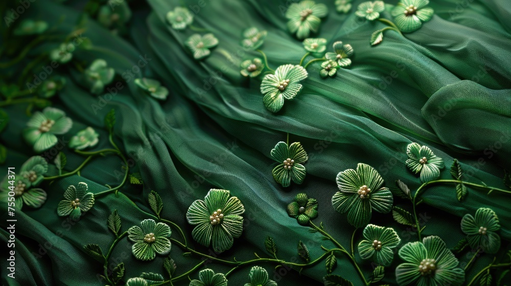 Textured green fabric look with embroidered clovers, creating a rich and thematic base for St. Patrick's Day