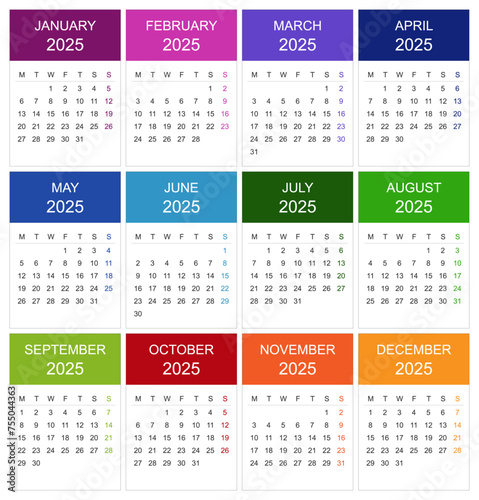 Modèle de calendrier 2025 pour agenda avec une page par mois - Textes en anglais vectorisés et non vectorisés sur calques séparés