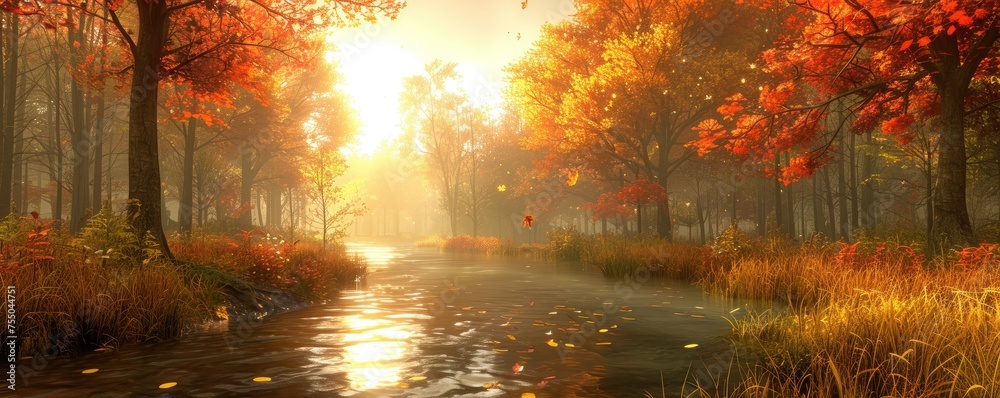 Autumnal forest park with calm river sunlight stream Autumnal forest park with calm river sunlight stream