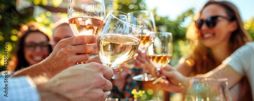 Friends toasting with wine glasses at sunset