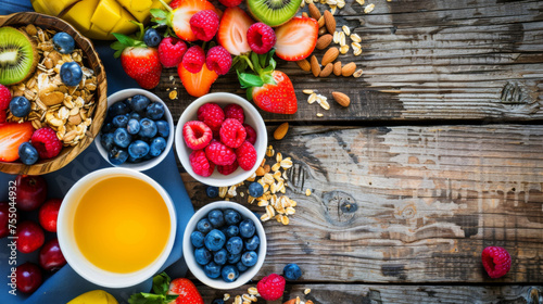 Healthy breakfast on a wood table surface. top view. health food, fitness food. low fat, low calorie.