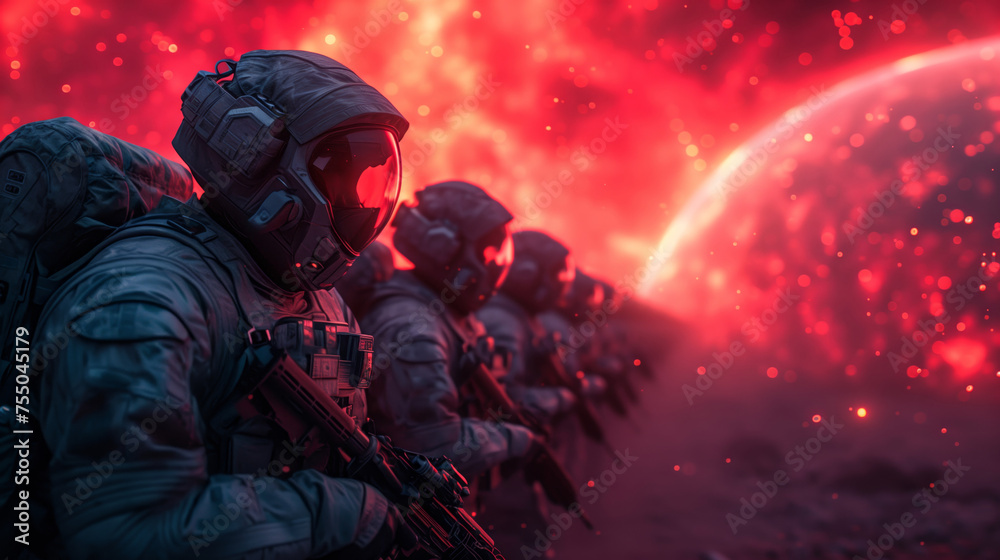 Futuristic Soldiers with Sci-Fi Weapon in Hands Ready for the Battle, soldier in full gear firing a weapon amidst a dramatic, Space War Concept illustration 