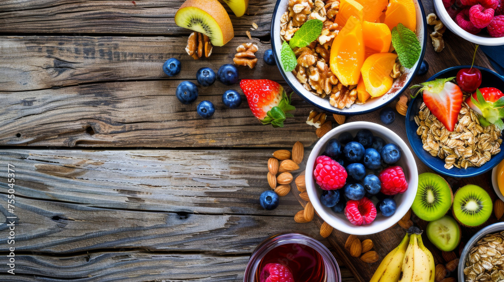 Healthy breakfast on a wood table surface. top view. health food, fitness food. low fat, low calorie. Healthy breakfast on a wood table surface. top view. health food, fitness food. low fat, low calorie.