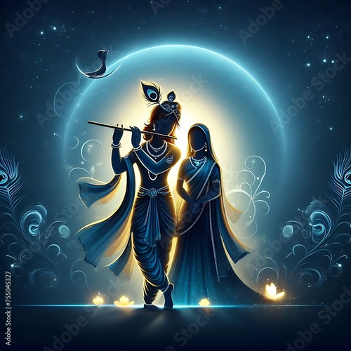 Silhouette of Lord Krishna and Radha Rani in the Moon light photo