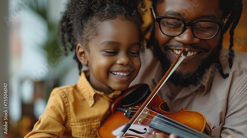 music is so much fun young father teaching his little daughter to play violin and smiling   photo