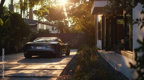 Luxury Electric Sports Car Charging in Modern Home Driveway at Sunset, Eco-Friendly Automotive Innovation